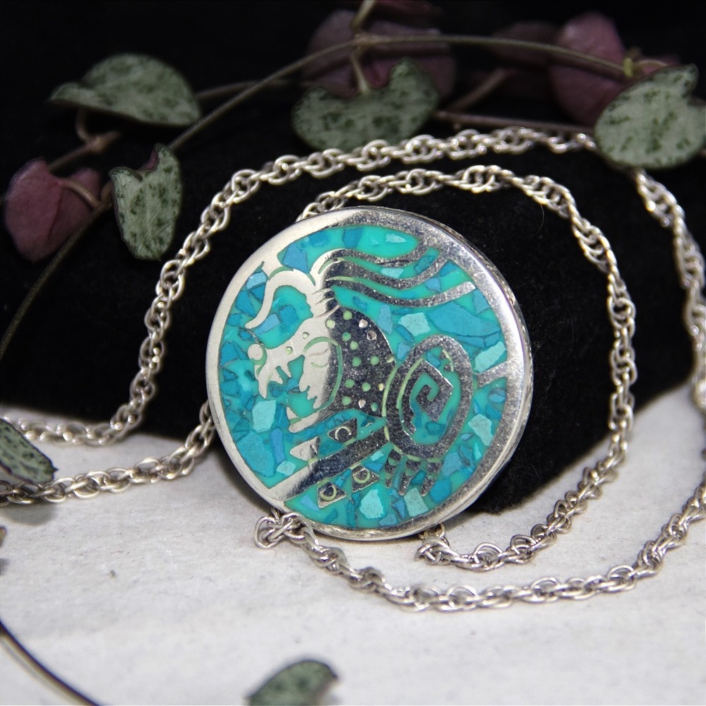 Taxco Sterling Silver Turquoise Inlay Pendant Necklace Aztec Mayan Rope Chain